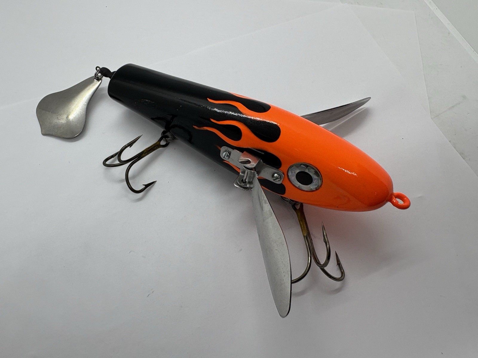 5.75” Lee Lures Pelagic Creep Black Orange Flame Topwater Wakebait Musky Lure