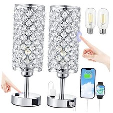Crystal Lamp Touch Control Set of 2, Sliver Crystal Table Lamps with USB C A
