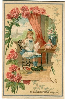 GlanzbilderOblaten scraps Litho Mädchen Scene Blumen Chrysantheme  10,6 cm