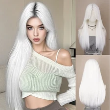 White Cosplay Wig Silk Straight Heat-Resistant Synthetic Full Headpiece 31.5in