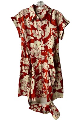 Mango Floral Shirt Dress Women s Size Small Red Beige Bow Button Up Collared New