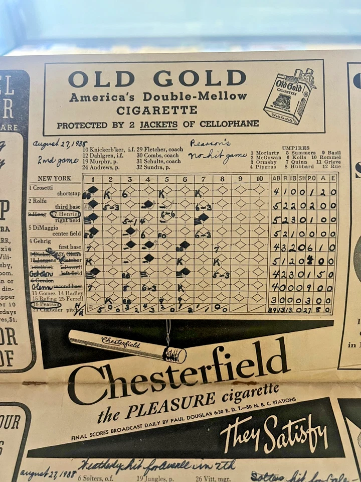 Yankee's Scorecard August 27th 1938 Pearson No-Hitter - Image 2 of 4