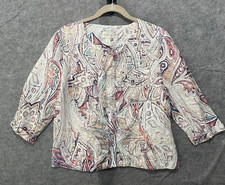 Chicos Linen Jacket Womens Sz 2 US 12 Cream Floral Pockets Full Zip Lightweight
