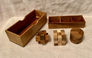 Set of 3 Wooden Puzzles in Wood Case - All Solid Wood - New