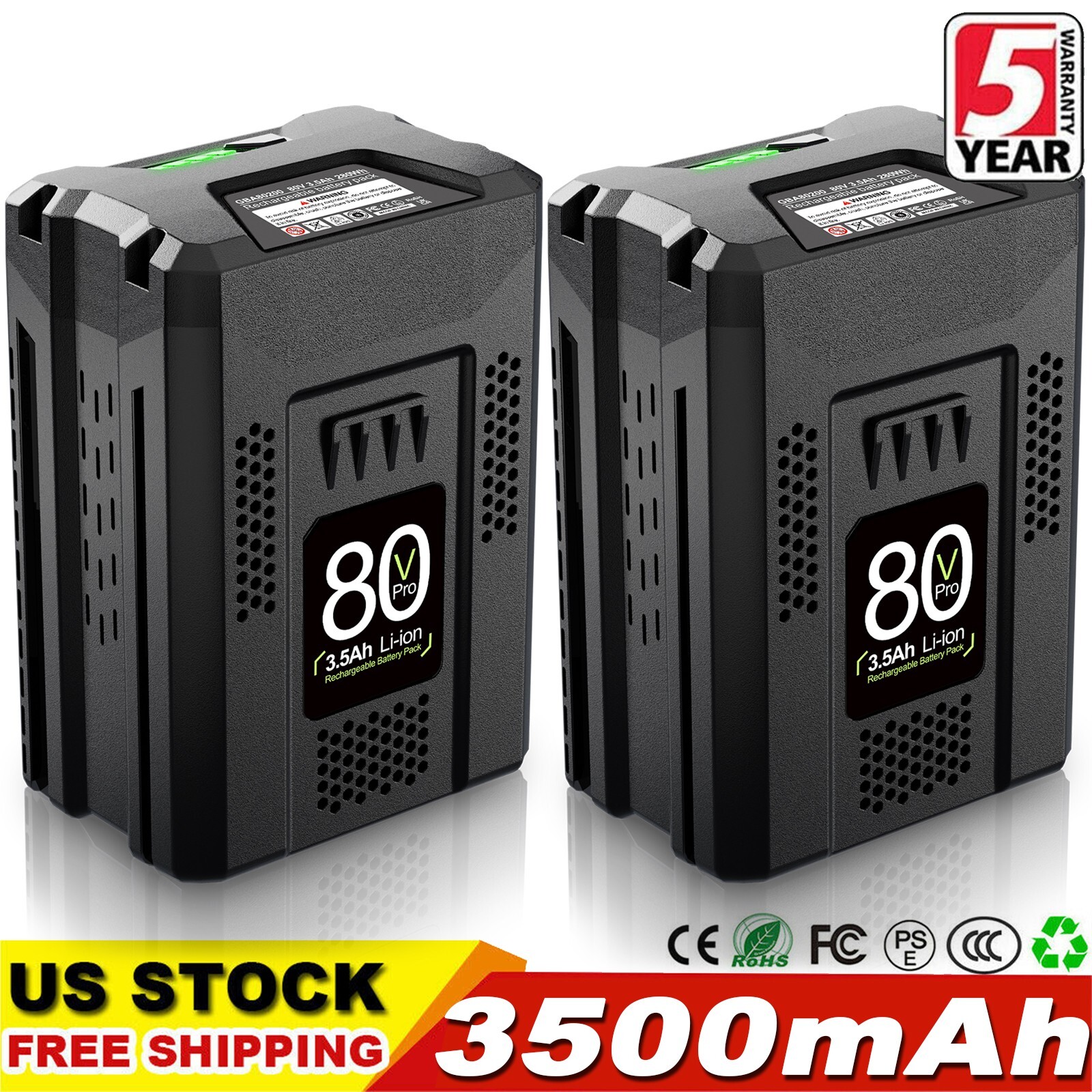 2-Pack Greenworks Pro 80V Max 3.5 Ah Lithium Battery for GBA80200 GCH8040 Tools