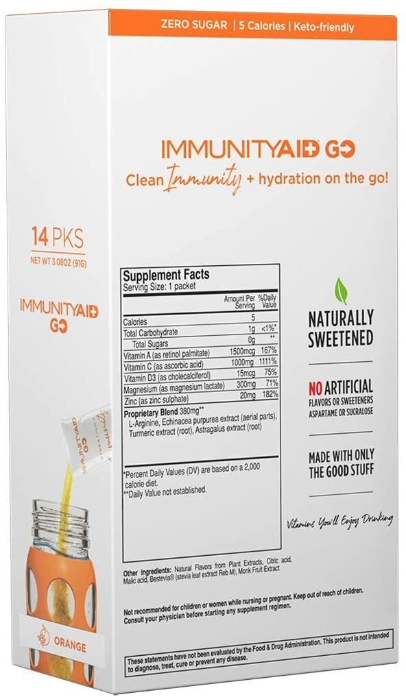 IMMUNITYAID GO Zero Sugar Immunity + Hydration, Vit C, D3 Echinacea