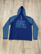 Just Do It Womens Nike Therma Fit Hoodie Blue Geometric Drawstring Pullover L