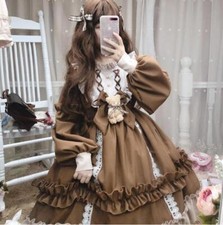 Womens Cute Lolita Dress High Waist Flounce Long Sleeves Lace up Dress Casual