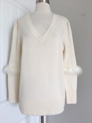 MAX & MOI PARIS WOOL CASHMERE BLEND FEATHER TRIM OPTIC WHITE SWEATER SIZE S