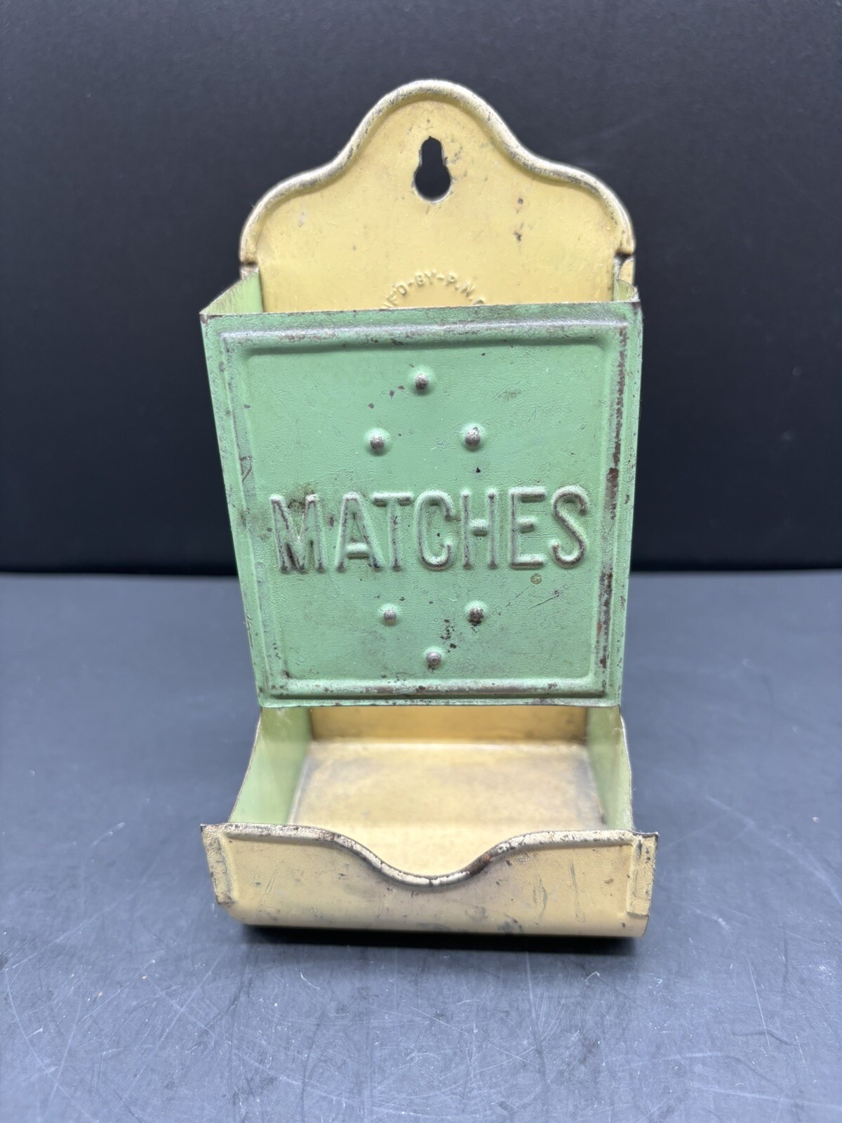 Vintage Green Metal Tin Wall Hanging Match Holder Dispenser And Box Of