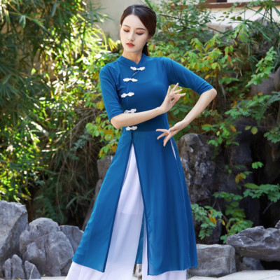 Chinese Women Long Shirt Frog Button Cheongsam Top Half Sleeve Slit Dancewear