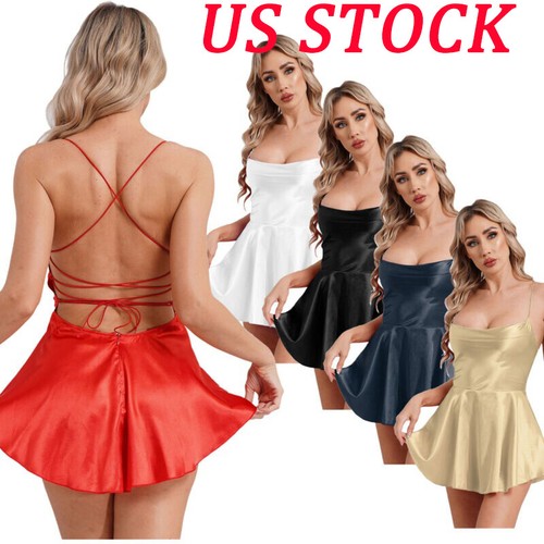 Damen Satin glänzend Spaghettiträger Minikleid Party Nachtclub A-Linie Kleid - Bild 1 von 62