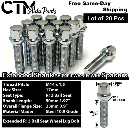 20x Chrome 14x1.5 Ball Seat Extend Lug Bolt 50mm Shank Volkswagen 20-25mm Spacer - Picture 1 of 5