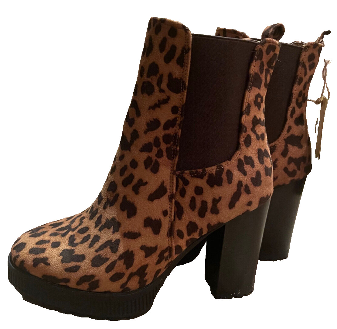 NUEVO CON ETIQUETAS SEVEN7 Botas Munich Para Mujer Talla 6 Tacón Grueso Marrón Guepardo Estampado Animal