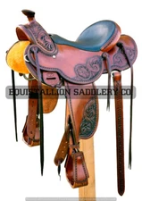 Western D brown Leather Hand carved Roper Ranch Saddle : 10" - 18"
