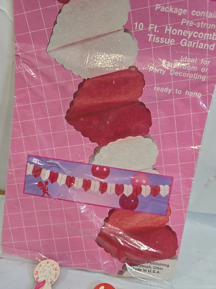 Oso de fiesta escaneado 1988 y guirnalda de 10 pies para decoración de pañuelos de corazón nuevo de Lote Antiguo Foto 4 de 4