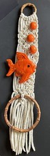 Vintage 1970 s White Macrame Cord Towel Ring With Orange Ceramic Fish Bubbles