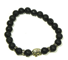 Black Lava Stone Beaded Bracelet Stretch Elephant Charm Trunk Up Lucky