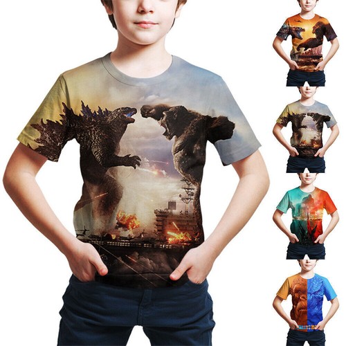 Kids Boys 3D Godzilla VS Kong Print T-shirts Summer Casual Short Sleeve Tee Tops - Picture 3 of 13