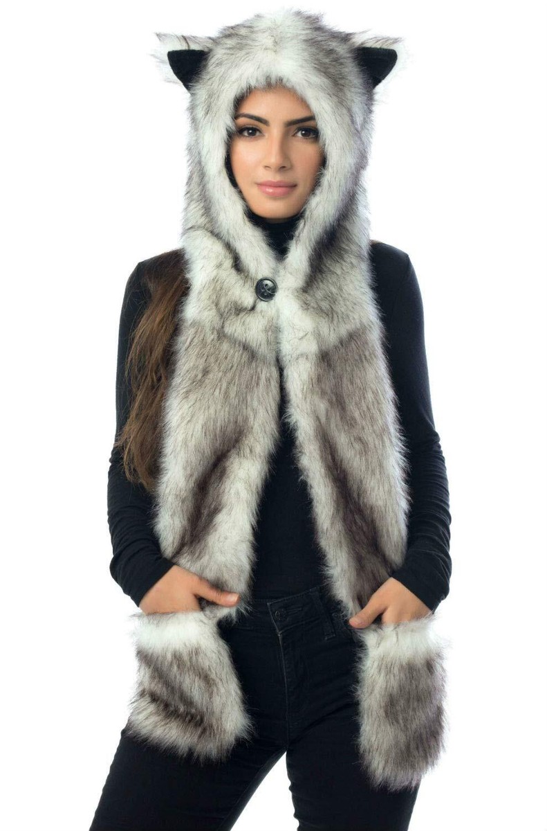 White Wolf Hood Faux Fur Hat with scarfs mittens & paws 3 in