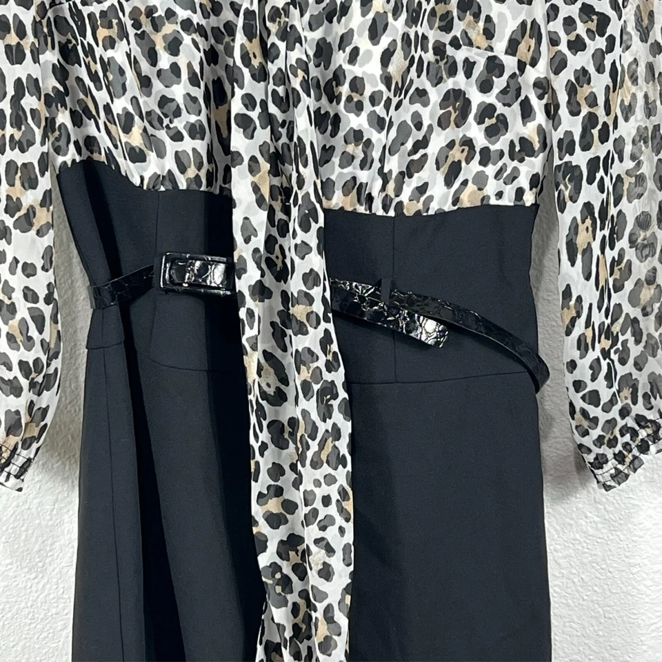 White House Black Market Fitted Dress Women's 10 Leopard Black Lined With Belt - Image 3 of 4