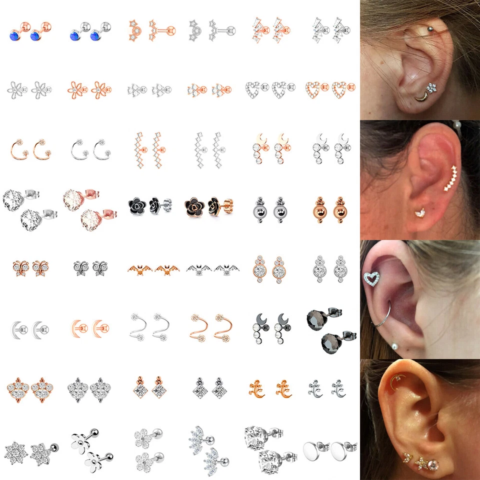 Labret Piercing Ear Ring Surgical Steel 6 8mm Stud Crystal Flat Back Tragus 316L - Image 2 of 4