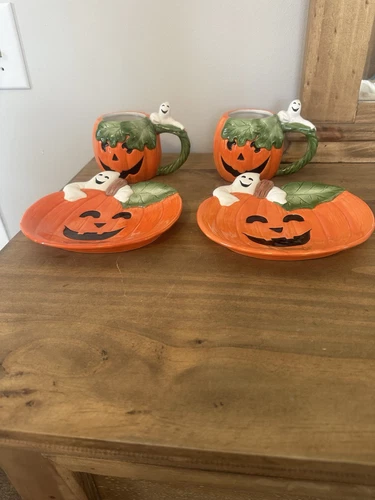 Set of 2 Vintage Fitz and Floyd Halloween Pumpkin Mugs W/Ghost Handles & Plates