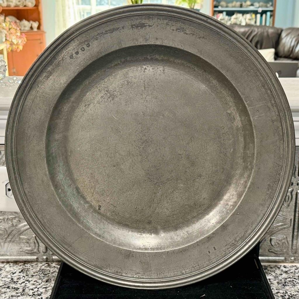 Huge 17th Century Antique English Pewter Charger, 18 ", John Cave, c. 1670
