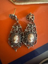 Antique Carved Shell Cameo Drop Earrings in Gilt Filigree Frames