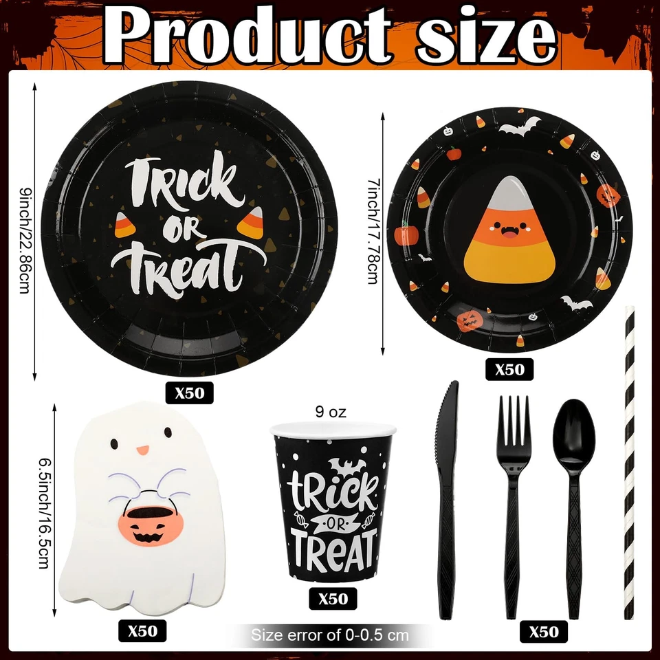 Juego de vajilla de truco o trato suministros para fiestas de Halloween de 400 piezas papel cena pl... Foto 2 de 4