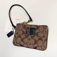 COACH Signature Wristlet Pouch Brown Canvas Leather Trim Zip Case