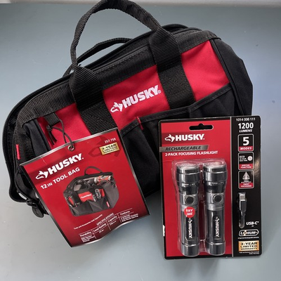 #ad Husky 12in” Tool Bag amp; Rechargeable 2 Pack Light 1200 Lumens Combo NEW $42.99