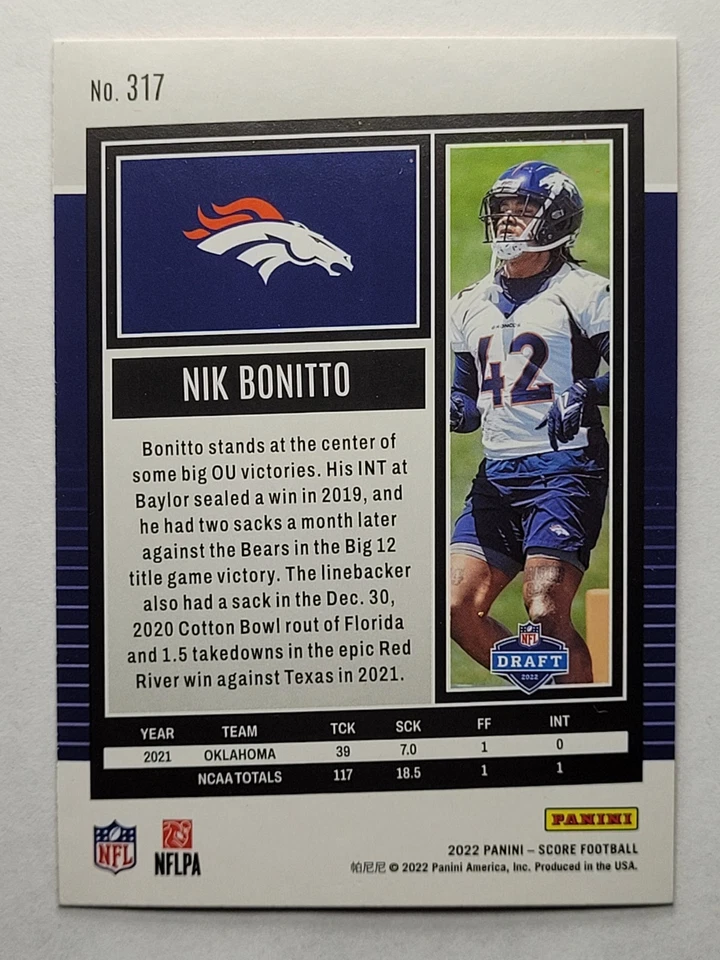 2022 SCORE Nik Bonitto RC Rookie Orange SP #317 - BRONCOS - Imagem 3 de 3