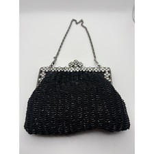 Vtg Black Beaded Evening Bag Rhinestone Frame Kiss Lock Clutch Gunmetal Chain