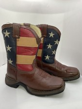 Durango Kids 8" Western Boots American Flag Design Brown Leather Synthetic US