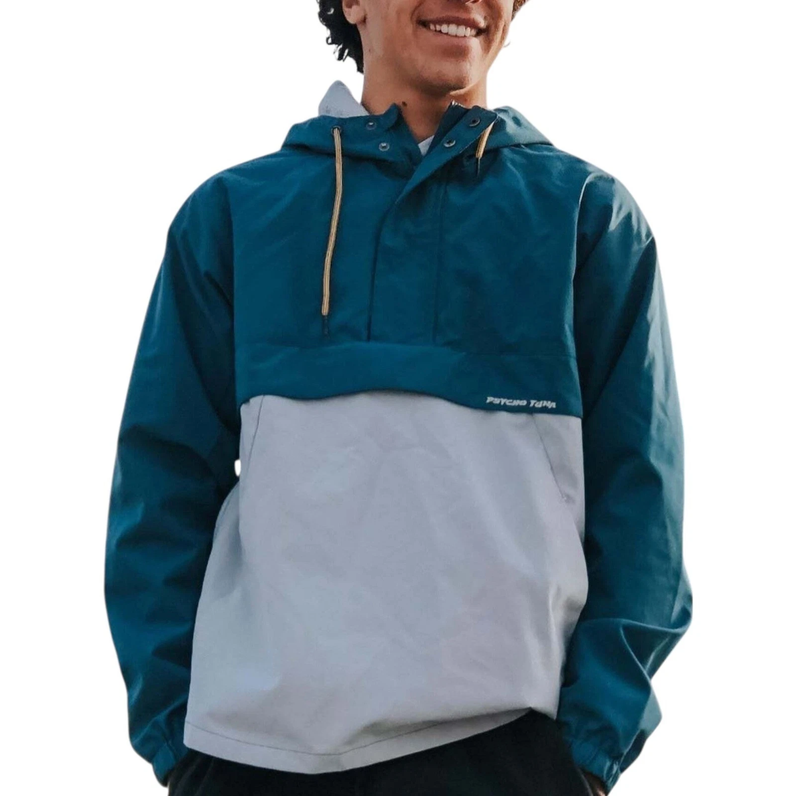 Psycho Tuna Mens Anorak Pullover Jacket Teal Gray Colorblock Half Zip Hooded L
