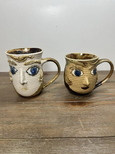 Pair of Vintage 3D Face Mug Coffee Cups Signed Studio Pottery Glazed Stamped JK