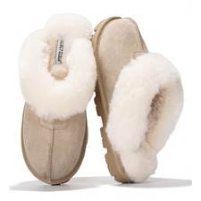 100 Genuine Leather Womens Natural Fur-Lined Clog Slippers for Women