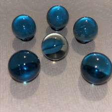 Vintage Shooter 6 Marbles Clear Blue Topaz Glass Bubbly 5x Clear 1x 4 Vane