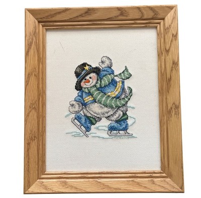 Framed Cross Stitch Snowman Ice Skating Art Top Hat Coat Winter
