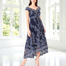 QUIZ SZE 8 NAVY BLUE FLORAL EMBROIDERY HI LOW DRESS ASCOT WEDDING RACES COCKTAIL