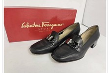 Salvatore Ferragamo Black Leather Loafers Pumps Block Heel Italy Size 7 B