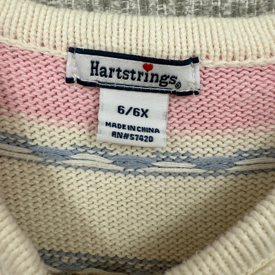 Hartstrings Girls Knit Dress Sz 6/6X Pink Striped Short Sleeve Pom Pom Fair Isle - Image 2 of 4