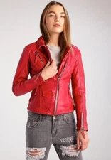 Leather Biker Women Jacket Genuine Red Motorcycle Leather Jacket XS-2XL FB383