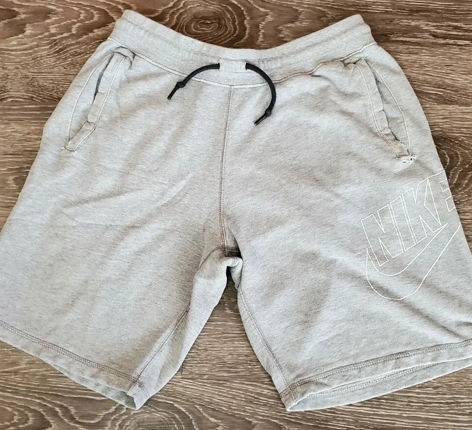 Nike Sweat Shorts Distressed Mens M 100 Cotton Gray Big Spell Out Logo Lounge