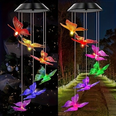 Solar LED Garden Outdoor Wind Chimes Colour Changing Lights Hanging butterfly US