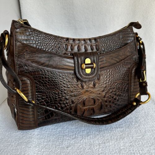 Brahmin Chocolate Brown Embossed Leather Shoulder Bag Satchel Gold Hardware EUC