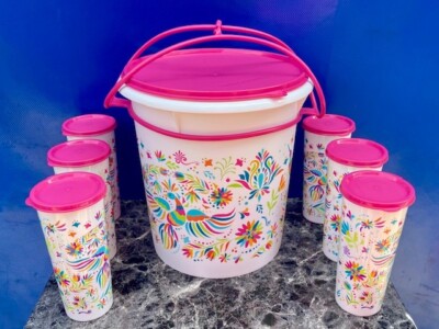 Tupperware Bucket 8.5Q  With Set of 6  Tumblers 16oz each  Party  Print Pink New