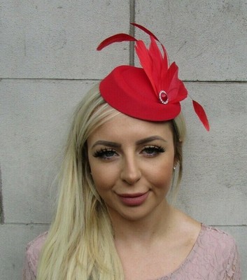 Red Silver Feather Pillbox Hat Hair 