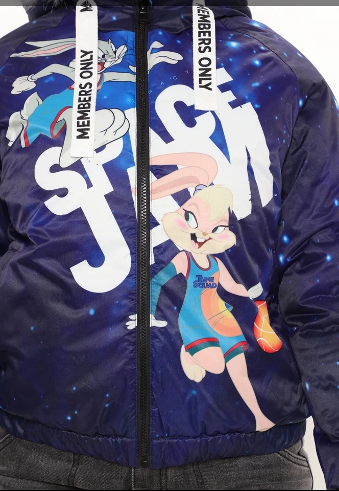 NEW!  RARE (Space Jam) Looney Tunes Blue Galaxy Puffer  Fur Hooded Coat Size- M - Image 3 of 4